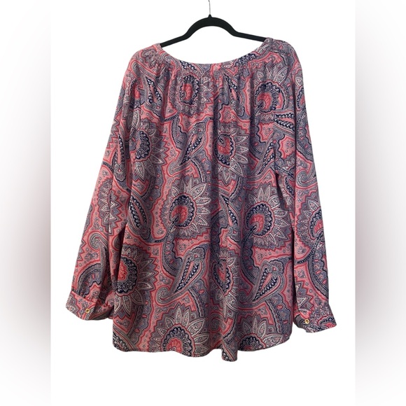 Talbots Paisley Peasant Top 3XL Pink Navy Balloon Sleeves Gold Button. - Picture 2 of 6